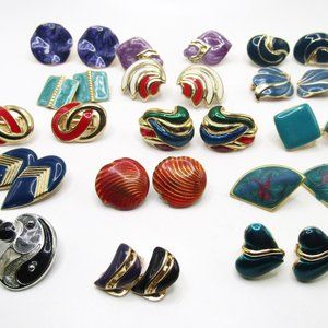 Vintage Cloisonné Enamel Earrings Clip On Colorful 15 pairs